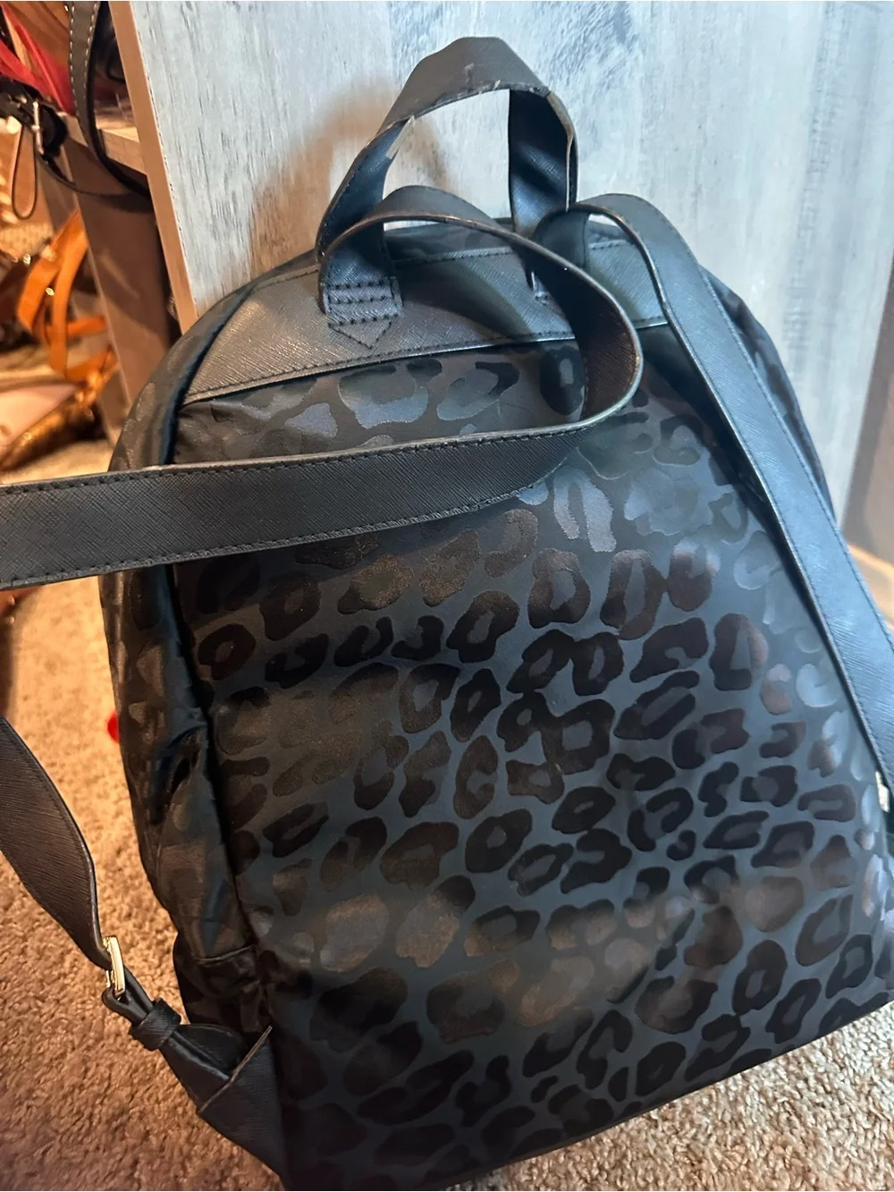Michael Kors Black Leopard-Print Backpack with Gold Hardware